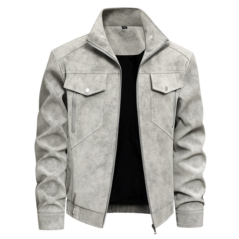Herren  Faux-Suede Strukturierte Stehkragen-Zip-Jacke mit schrägen Brusttaschen Drune