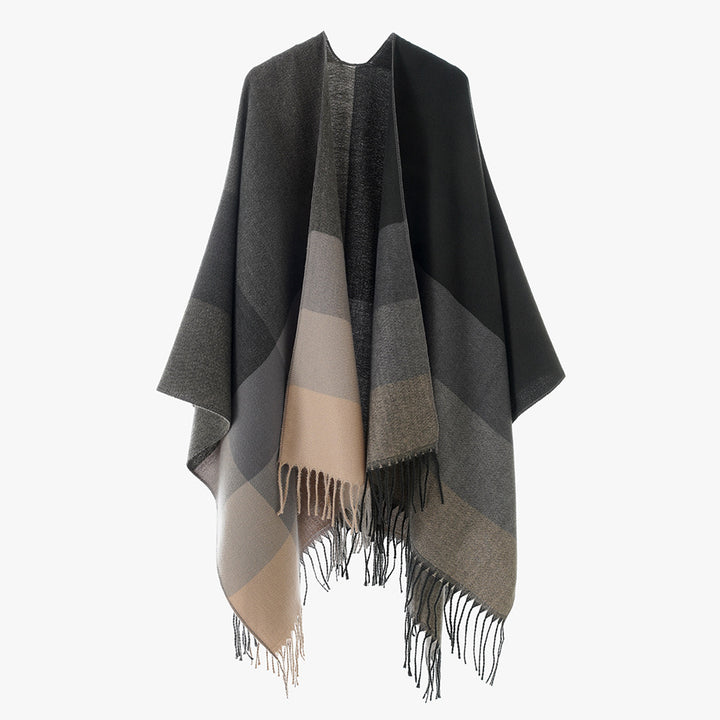 Damen Wickel-Cape aus Wollmix mit Karomuster und Fransen Drune