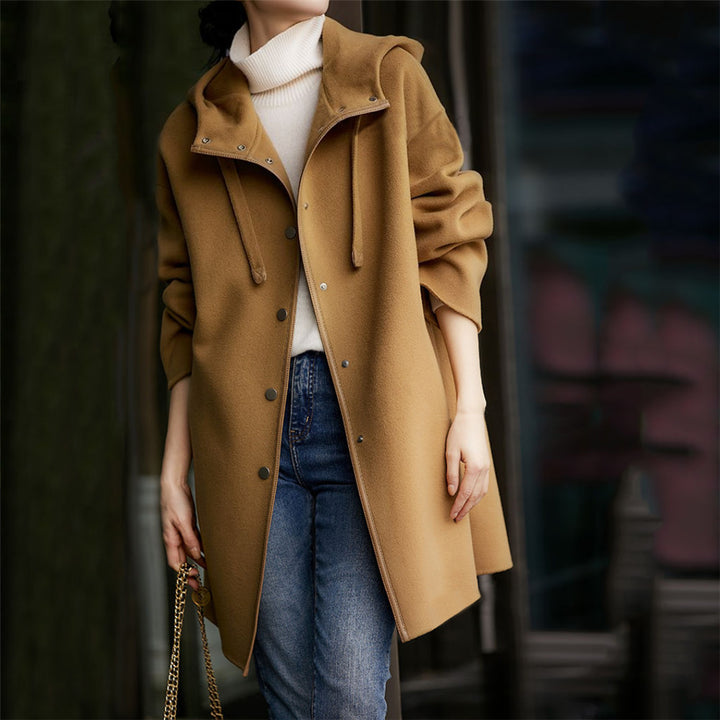 Damen nan midilanger Wollmixmantel mit Kapuze und Druckknopfleiste im Oversize-Schnitt Drune