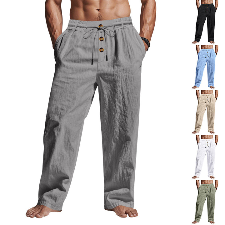 Herren Bequeme Leinenhose mit elastischem Bund und Knopfdetails Drune