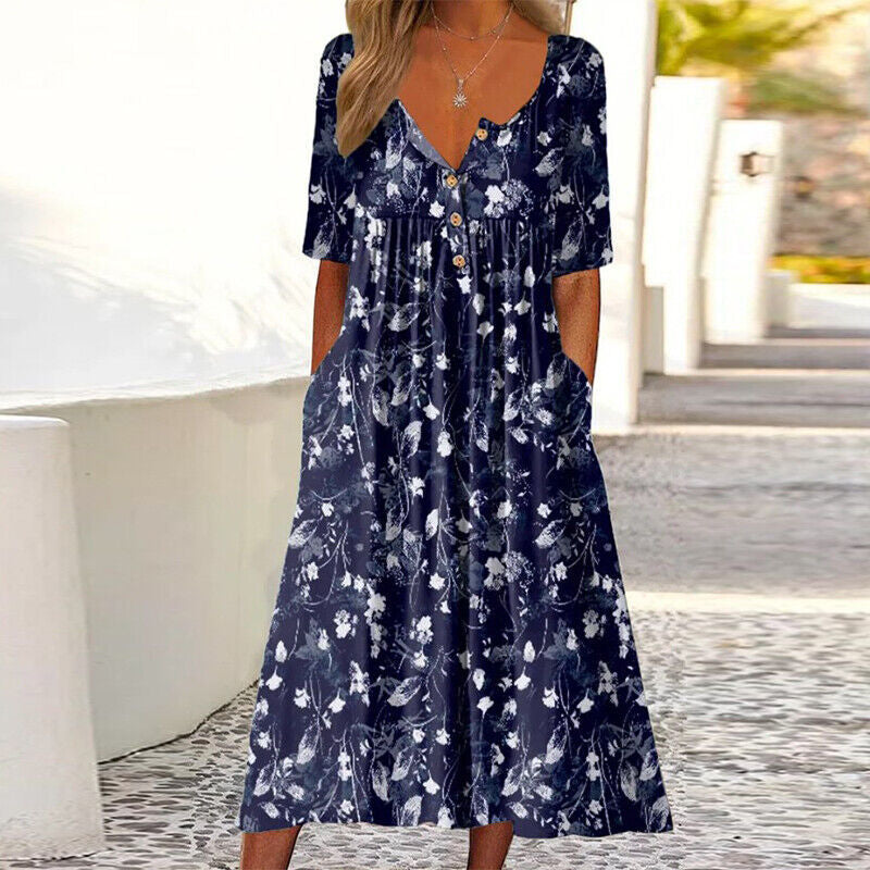 Damen Maxikleid mit floralem Print und Knopfleiste Drune
