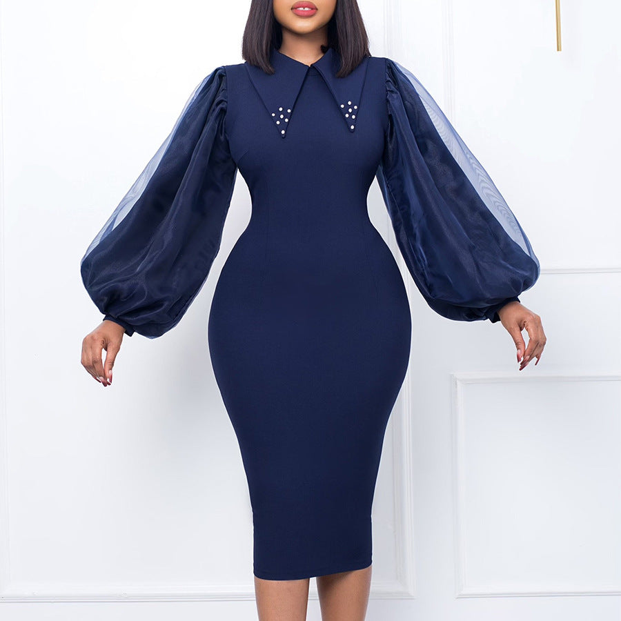 Damen Etuikleid mit Puffärmeln und eleganter Kragenverzierung Drune