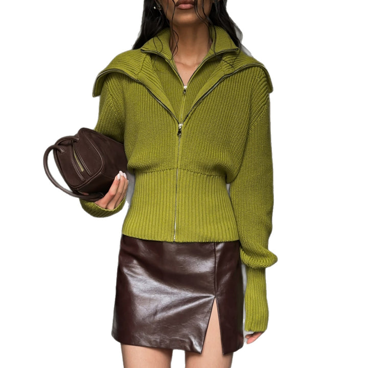 Damen Stylishe Strickjacke mit hohem Kragen und Reißverschluss Drune