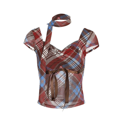 Damen Elegantes Karomuster-Bluse mit verstellbarem Bindegürtel und Spitzenakzenten Drune
