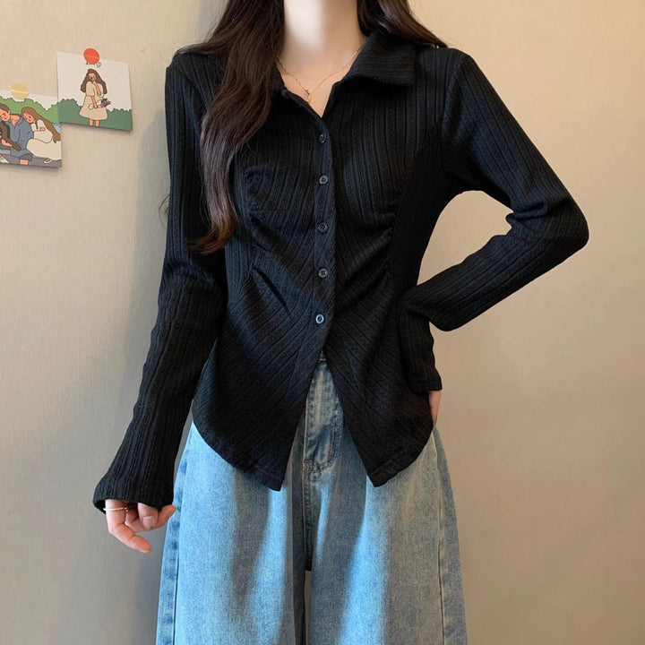 Damen Modische Rippstrickbluse mit langen Ärmeln Drune