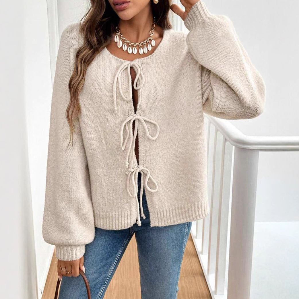 Damen Kurzcardigan mit Bindebändern, Oversize‑Silhouette und Ballonärmeln Drune