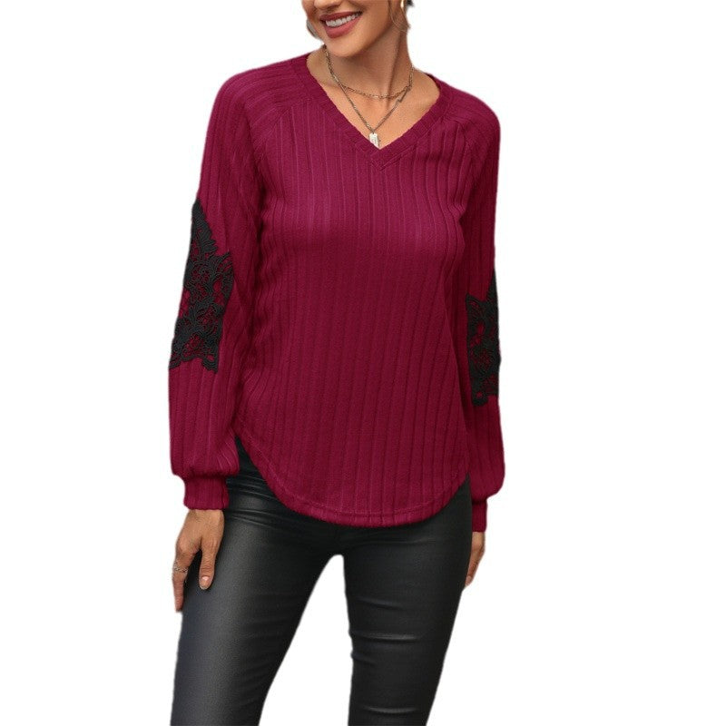 Damen V-Ausschnitt Pullover mit eleganten Spitzenärmeln und Rippstruktur Drune