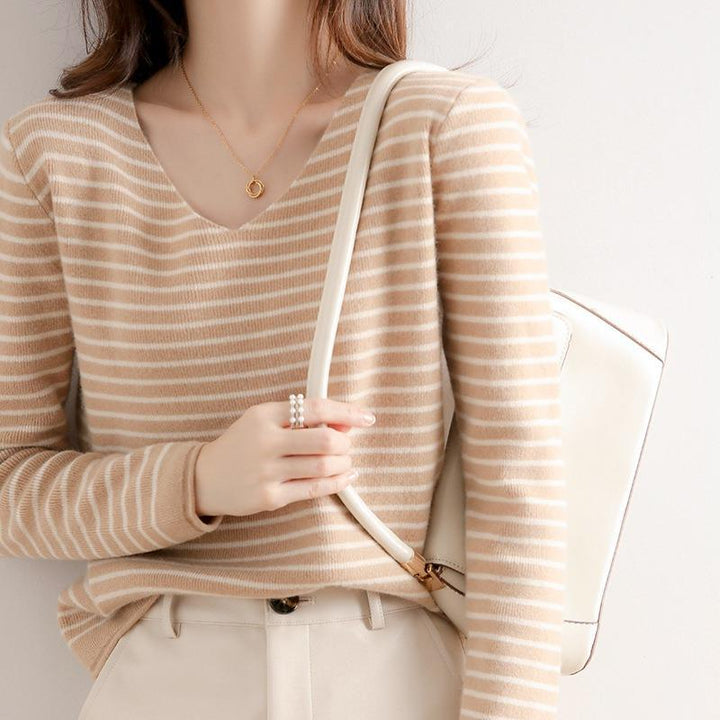 Damen Zarter Streifen-V‑Ausschnittpullover aus feinem Rippstrick mit weichem Fall Drune