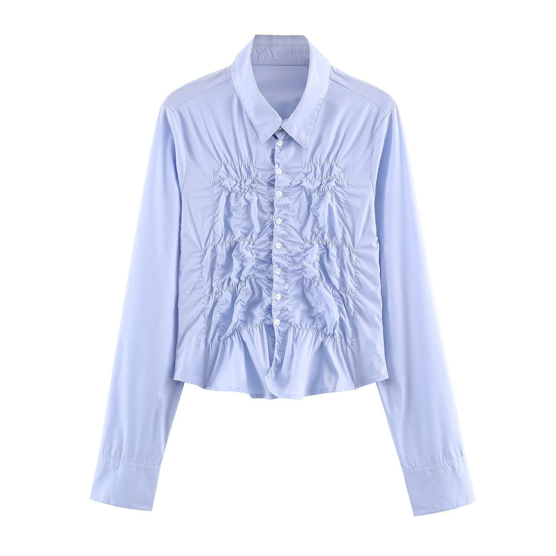 Damen Hemdbluse mit Smock‑Raffung und klassischem Kragen Drune
