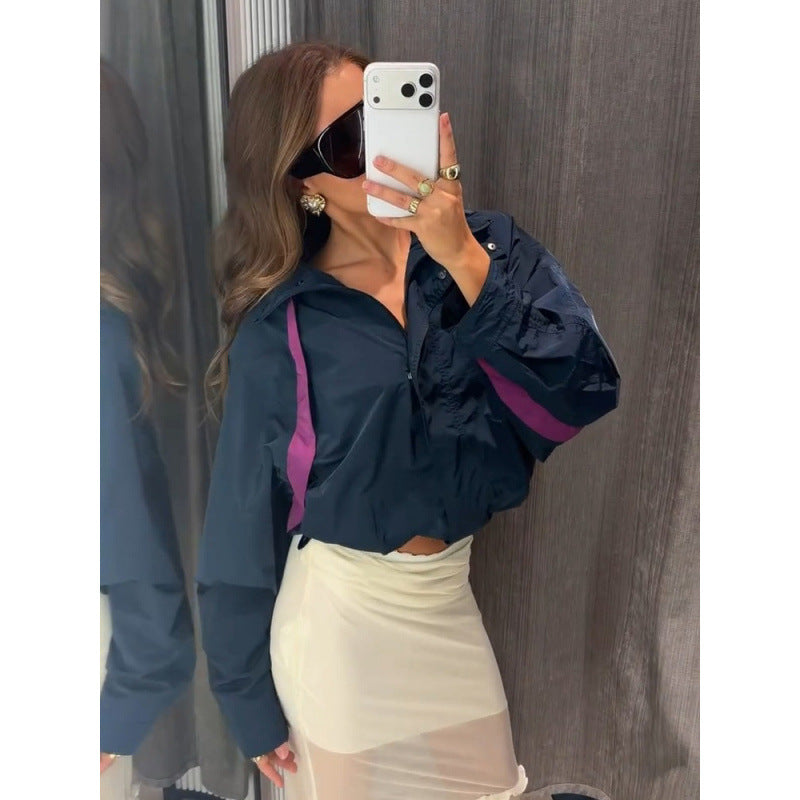 Damen Leichte Oversize Windjacke mit hohem Stehkragen und Kontraststreifen Drune