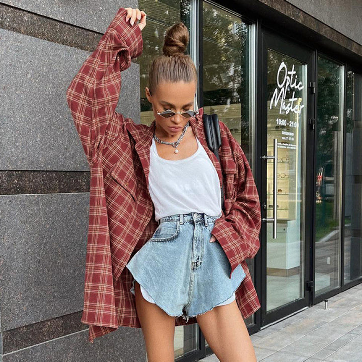 Damen kariertes Oversized-Hemd aus Baumwolle