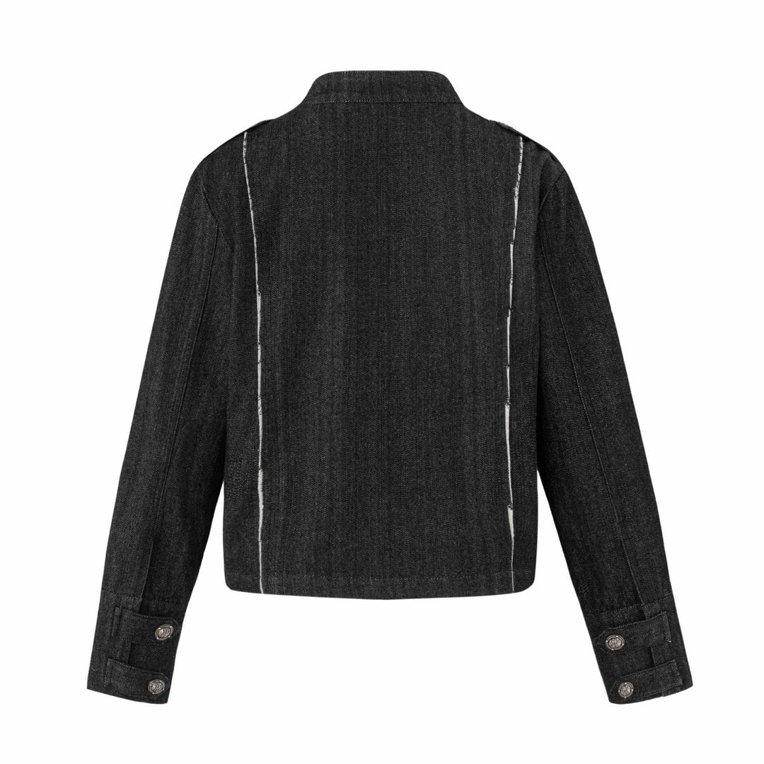 Damen Denim‑Blouson im Military‑Look mit Stehkragen und Zierknopfleiste Drune