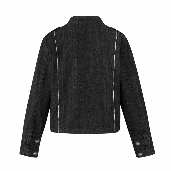 Damen Denim‑Blouson im Military‑Look mit Stehkragen und Zierknopfleiste Drune