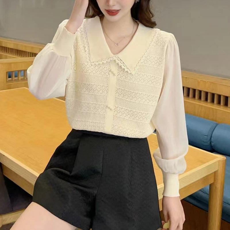 Damen Bluse mit Spitzenkragen und dekorativen Knöpfen