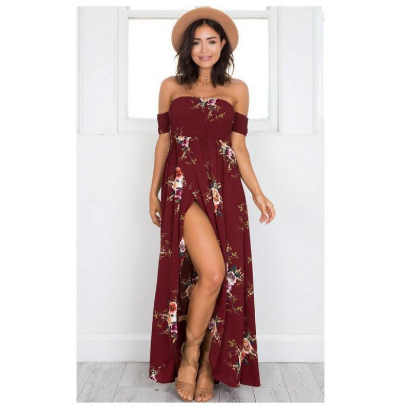Damen Maxikleid mit schulterfreiem Design und floralen Mustern Drune