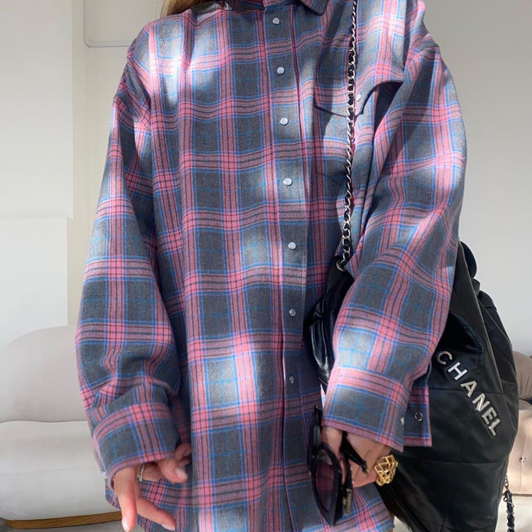 Damen Karo Oversize Flanellhemd Bluse mit Druckknopfblende und Hemdkragen Drune
