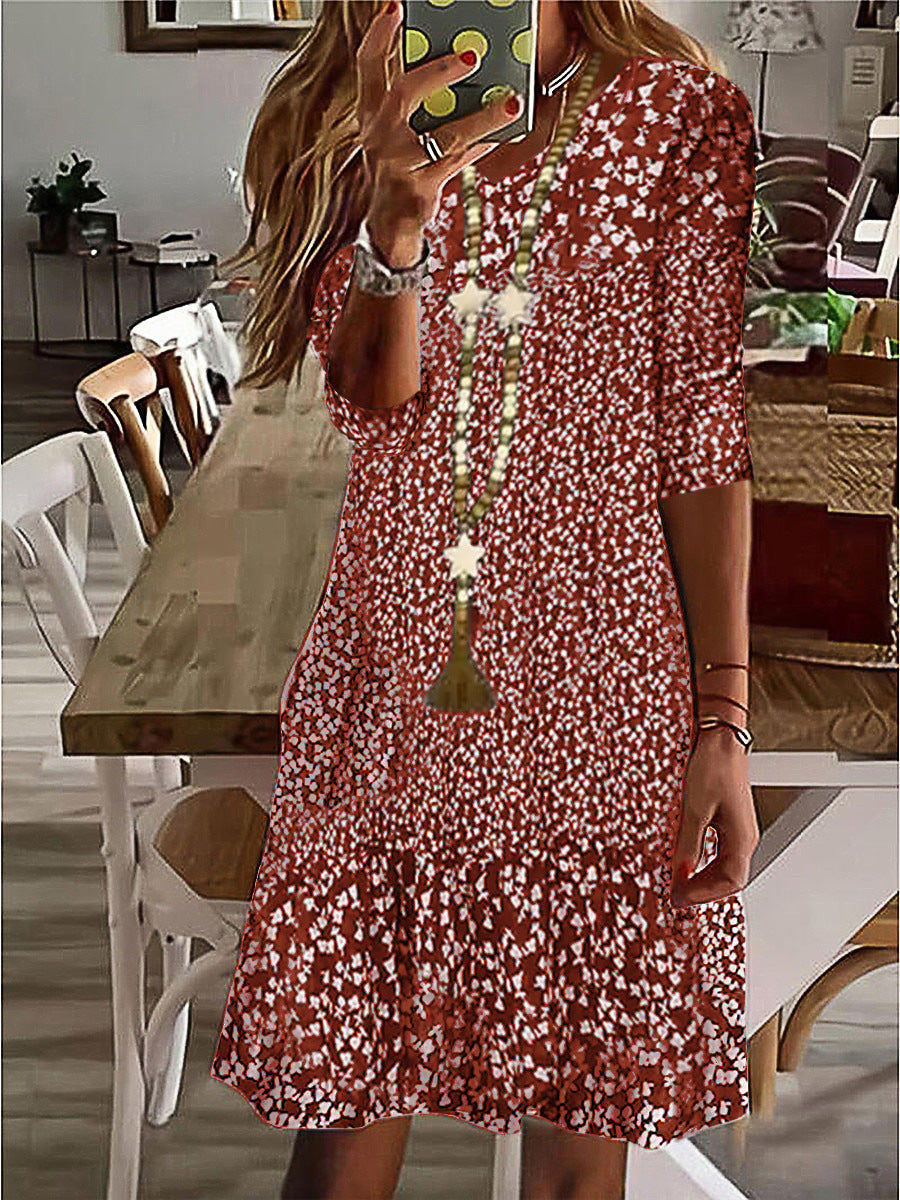 Damen Casual Midi Kleid mit Rüschensaum, Dreiviertelarm und Blumendruck Drune