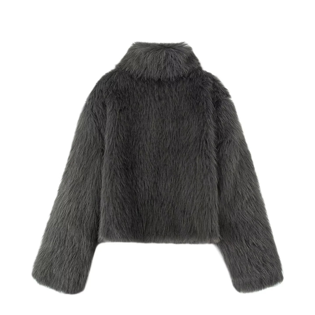Damen nan kurzer Fauxfur Kurzblouson mit hohem Stehkragen, kurzem Boxy-Schnitt und langfloriger Kunstfelloptik Drune