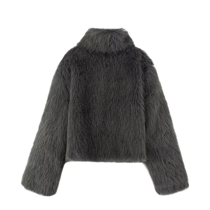 Damen nan kurzer Fauxfur Kurzblouson mit hohem Stehkragen, kurzem Boxy-Schnitt und langfloriger Kunstfelloptik Drune