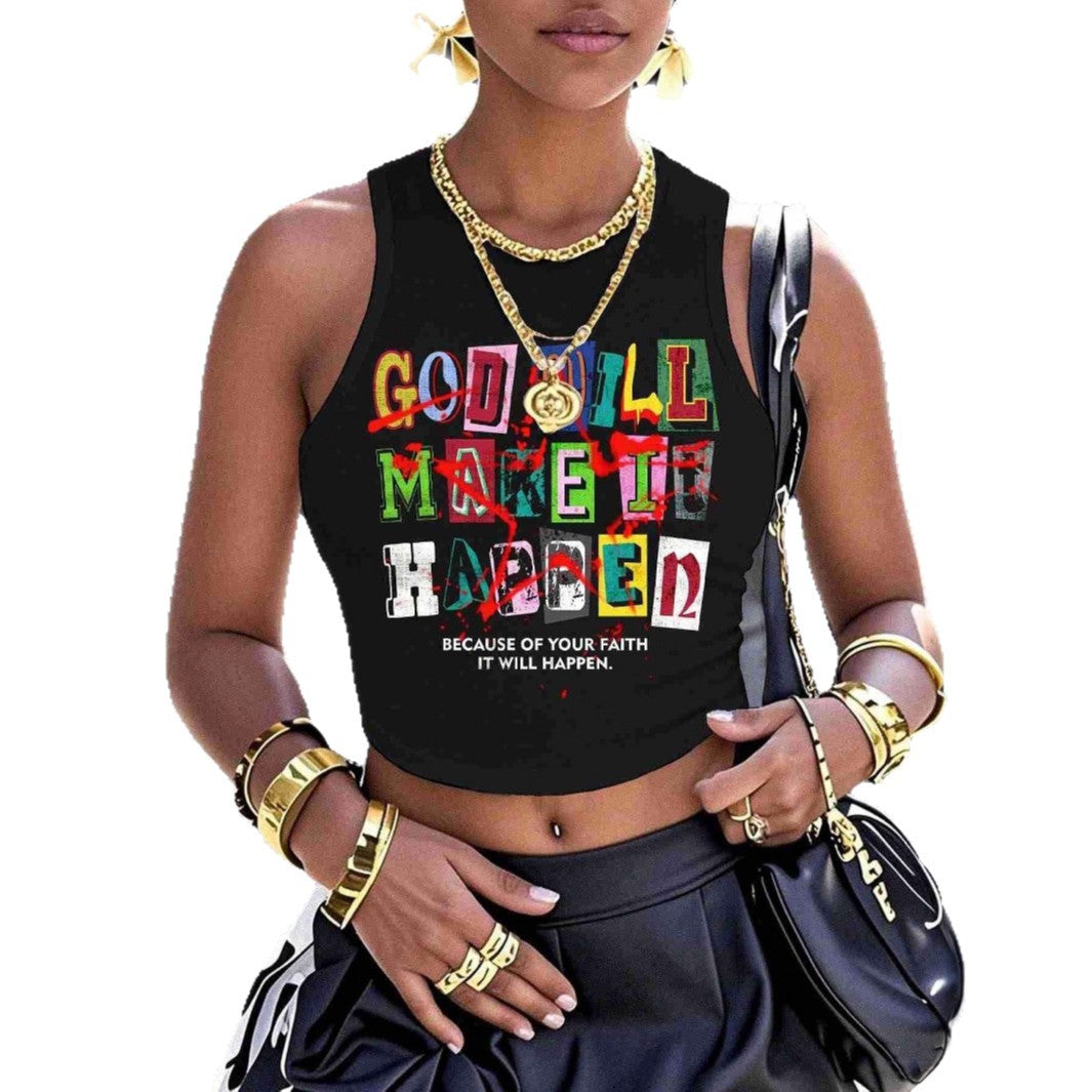 Damen Crop-Top mit kreativem Schriftzug und modernem Grafikdesign Drune