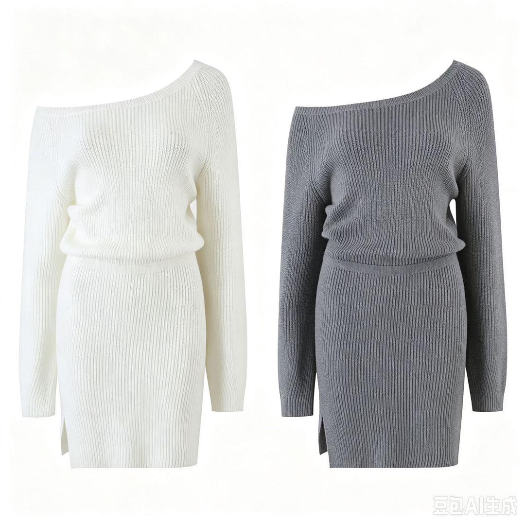 Damen Figurbetontes Rippstrick-Minikleid mit Ein-Schulter-Design und Taillenbündchen Drune