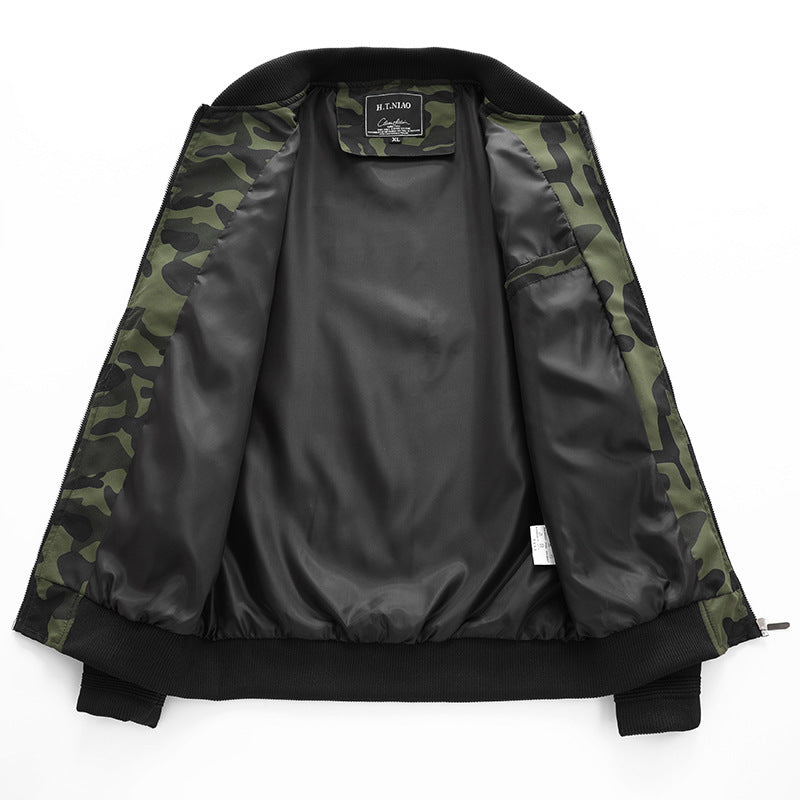 Herren Camouflage-Bomberjacke im Military‑Look mit Reißverschluss und Ärmel‑Utilitytasche Drune