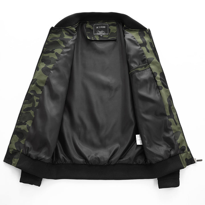 Herren Camouflage-Bomberjacke im Military‑Look mit Reißverschluss und Ärmel‑Utilitytasche Drune