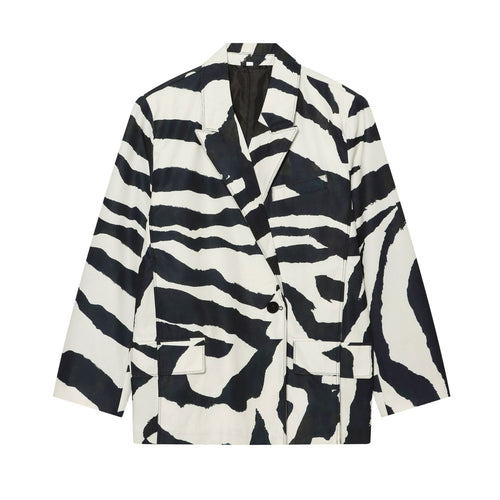 Damen nan oversized Zebra-Print Blazer mit Schalkragen, Ein-Knopf-Verschluss und aufgesetzten Pattentaschen Drune