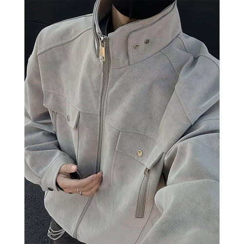 Herren Oversized Wildleder-Optik Utility-Jacke mit hohem Stehkragen Drune