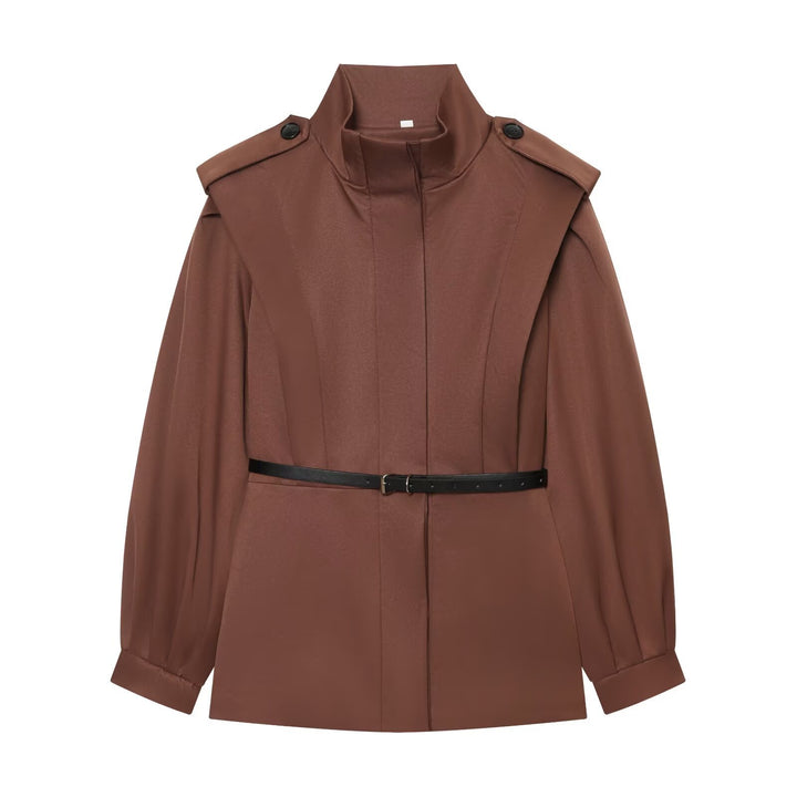 Damen Cape-ähnliche Manteljacke mit Stehkragen, Schulterklappen und Taillengürtel Drune