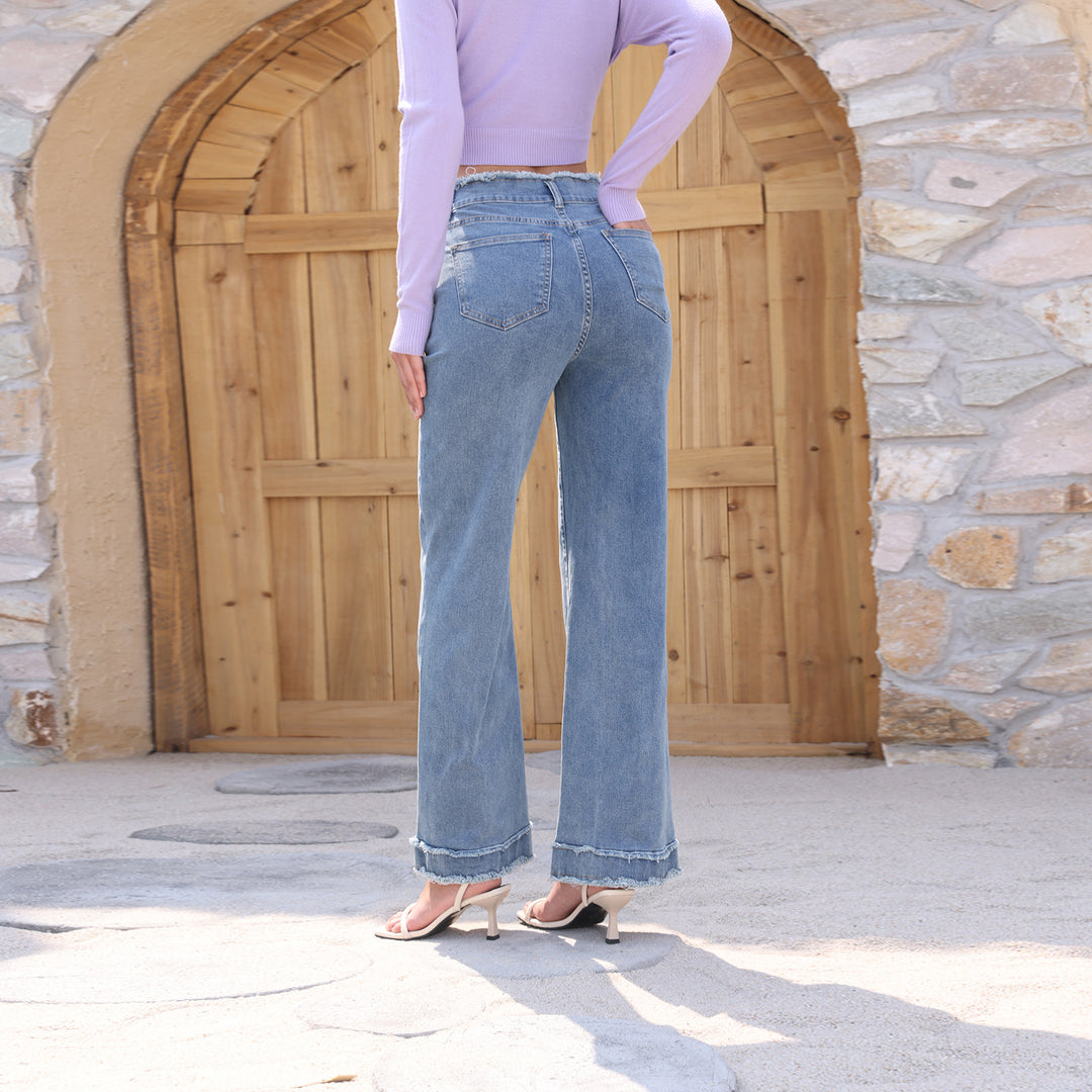 Damen Hochtaillierte Denim-Hose mit ausgefranstem Bund und weitem Bein Drune