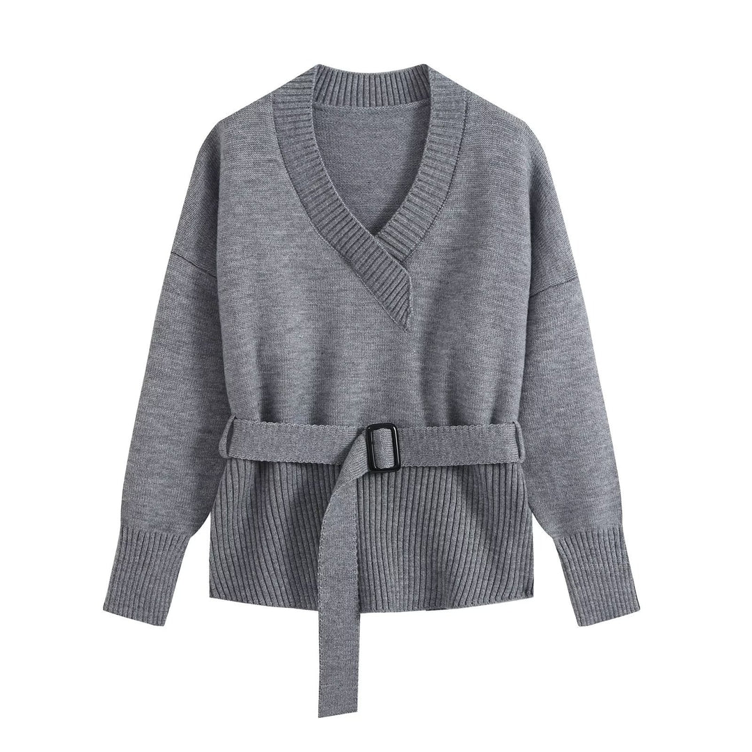 Damen Strick-Set mit V‑Ausschnitt, Taillengürtel und weiten Culotte-Hosen Drune