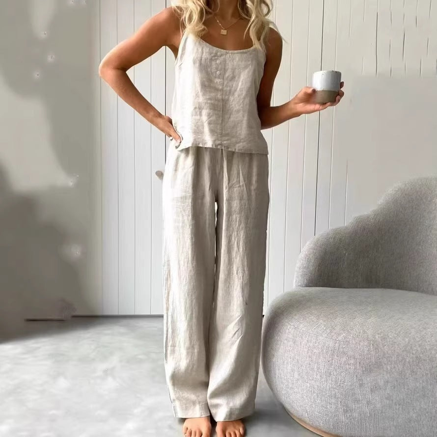 Damen lässiges Leinen-Set mit Trägershirt und weiten Hosen Drune