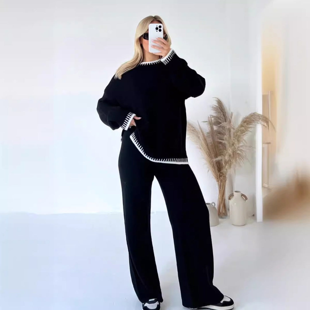 Damen nan lässiger Strick-Hausanzug mit Oversize-Pullover und weiter Strickhose Drune