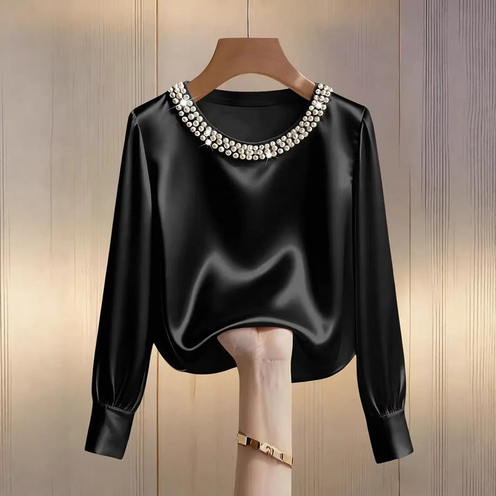 Damen elegante satinierte Bluse mit Perlenkragen Drune