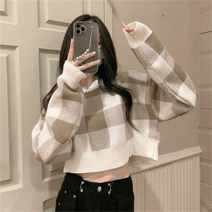 Damen modischer cropped Pullover mit Karomuster Drune