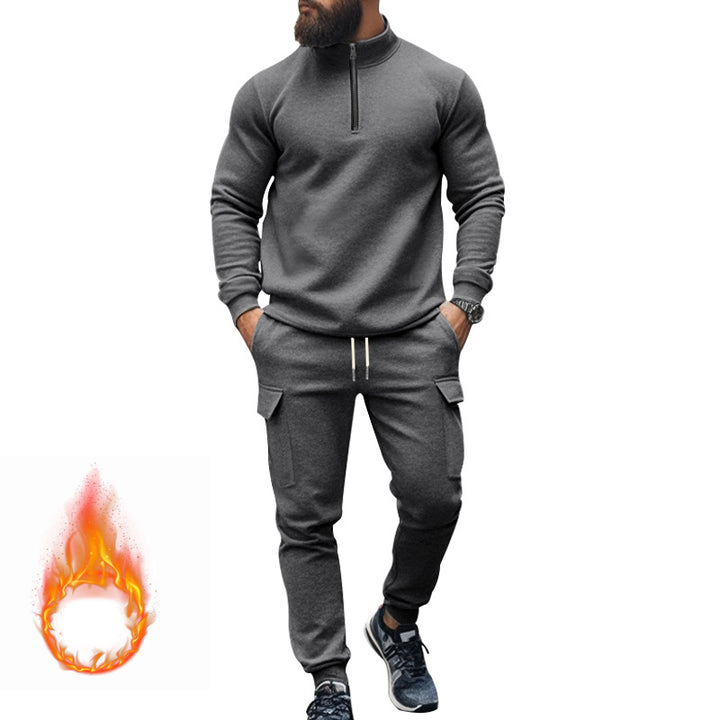 Herren nan sportives Cargo-Joggingset mit Halbzip-Stehkragen, wärmendem Fleece-Innenfutter und großzügigen Klapptaschen Drune