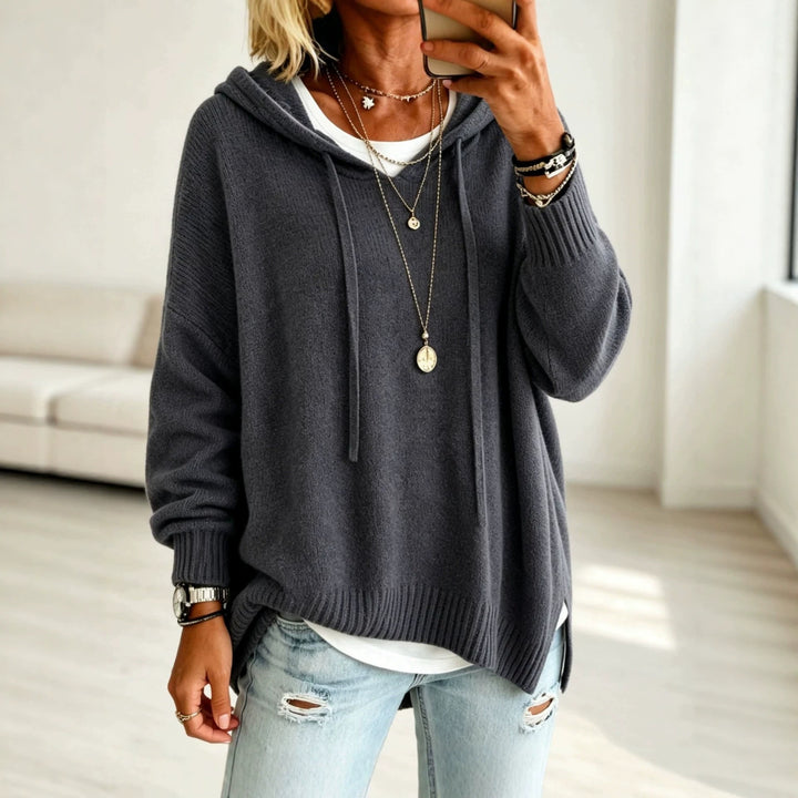 Damen Oversize-Kapuzensweater aus feinem Strick mit gerippten Bündchen Drune