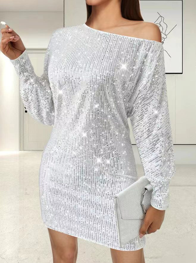 Damen Glamouröses Minikleid mit asymmetrischem Schulterdesign und Funkeleffekten Drune