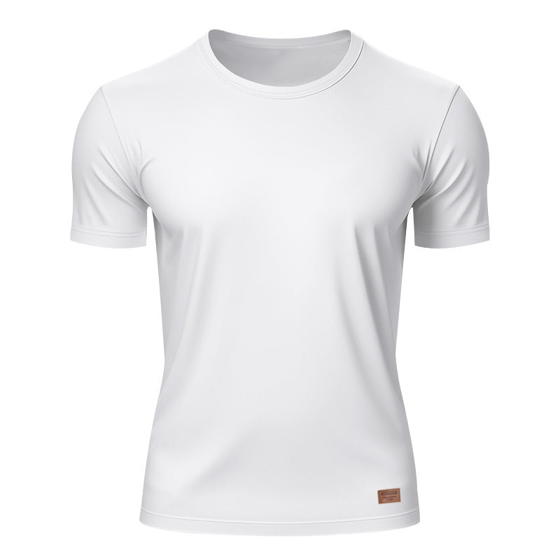 Herren nan schlankes Rundhals-T-Shirt aus glattem Stretchjersey mit dezenter Leder-Logoapplikation Drune