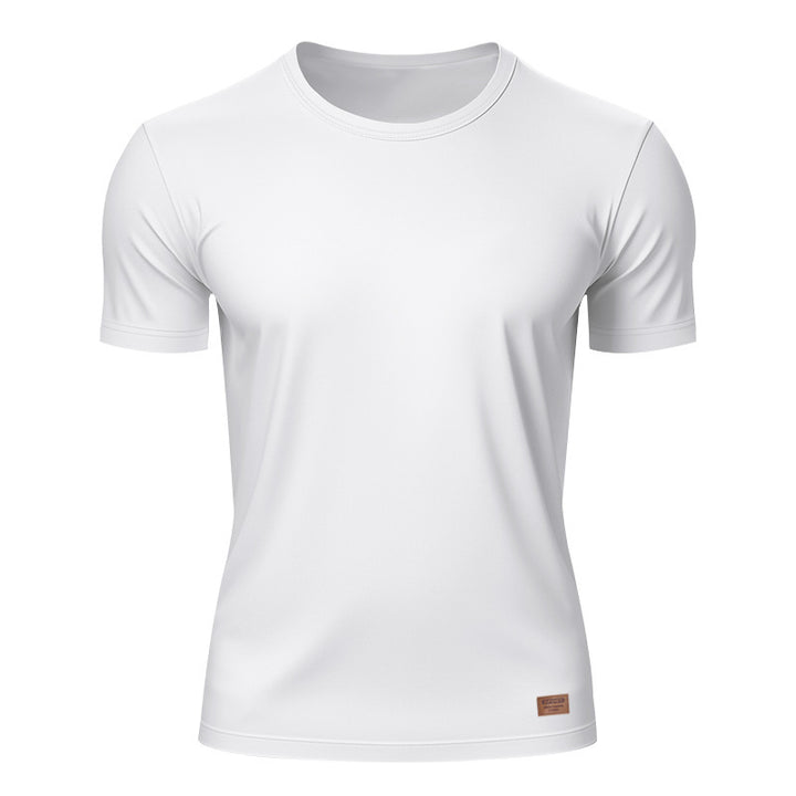 Herren nan schlankes Rundhals-T-Shirt aus glattem Stretchjersey mit dezenter Leder-Logoapplikation Drune