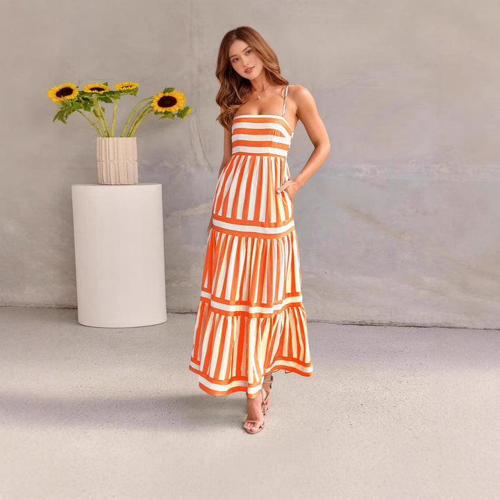 Damen Maxi-Kleid mit Streifenmuster und tiefem Ausschnitt Drune