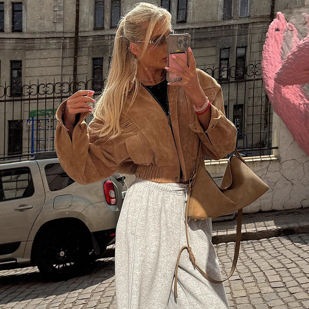 Damen cropped Wildlederjacke mit breiten Ärmeln und praktischen Taschen Drune