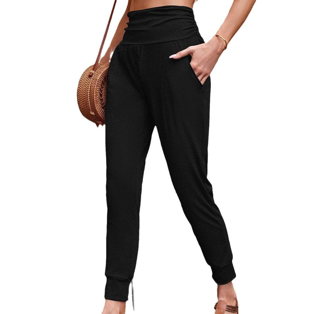 Damen Hochtaille Jogginghose mit breitem Bund, Eingrifftaschen und schlank zulaufendem Bein Drune