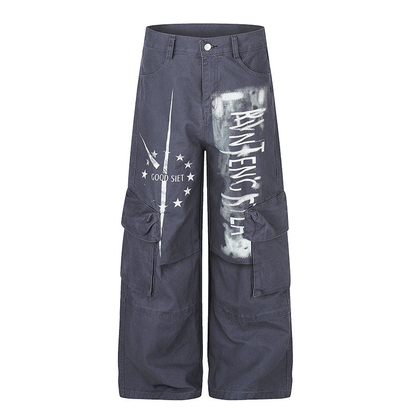Damen weite Cargo‑Culotte‑Hose mit Graffiti‑Print und großen Klappentaschen Drune