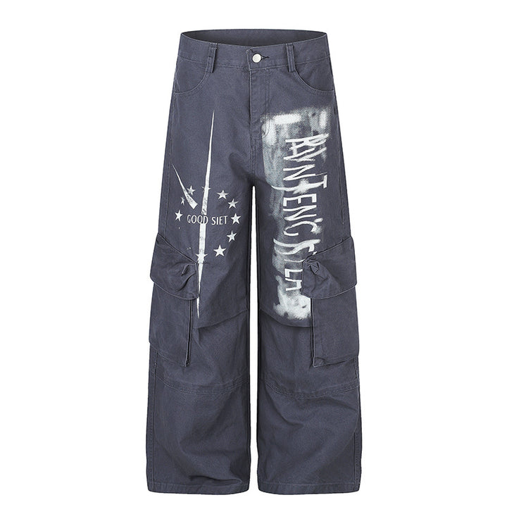 Damen weite Cargo‑Culotte‑Hose mit Graffiti‑Print und großen Klappentaschen Drune