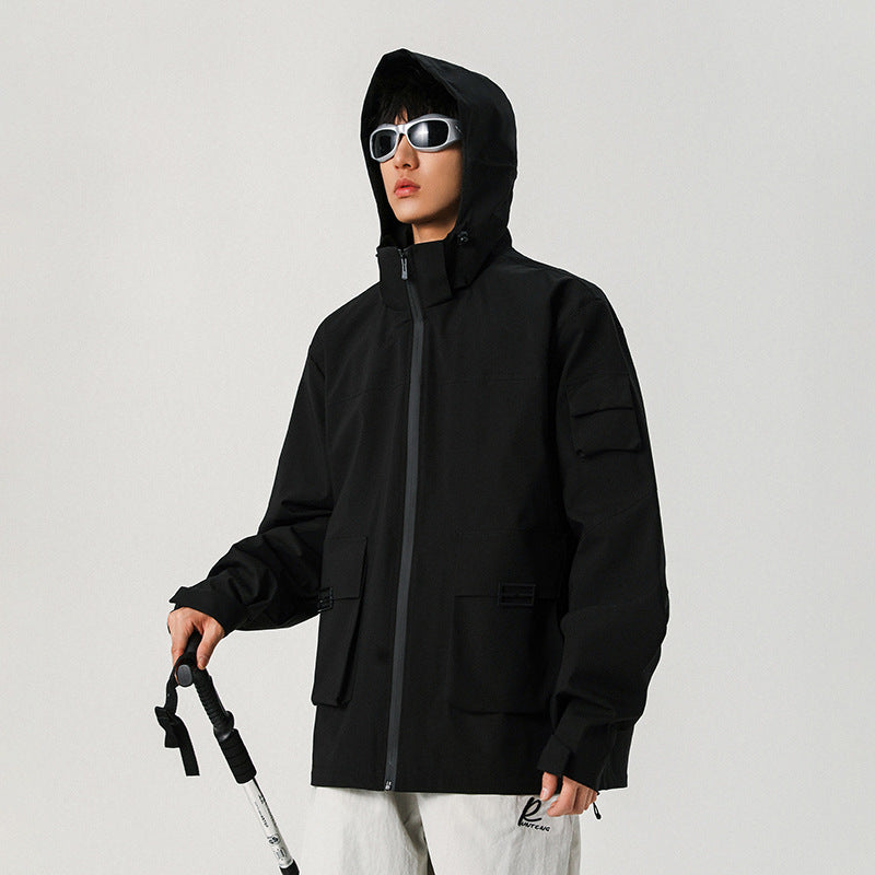 Herren Oversize Utility-Jacke mit technischer Softshell, Kapuze und Mehrfachtaschen Drune