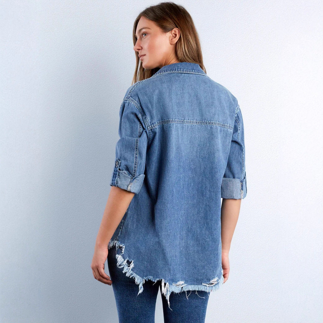Damen nan lässige Denim-Hemdjacke Oversize mit aufgesetzten Brusttaschen, Herz-Stickdetail und ausgefranstem Saum Drune