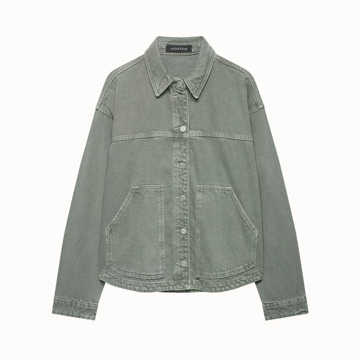 Damen Boxy Cropped Denim-Workerjacke mit großen aufgesetzten Fronttaschen Drune