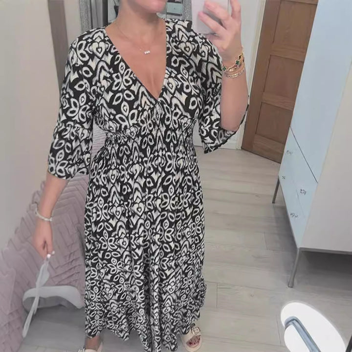 Damen Boho‑Maxikleid mit Smoktaillenband, Wickeloptik‑Dekolleté und Volantärmeln Drune